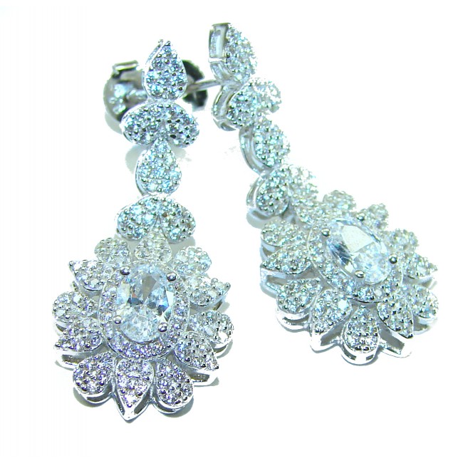 Precious genuine 7.9 carat White Sapphire .925 Sterling Silver handcrafted earrings - Close-up of white sapphire sterling silver earrings front view