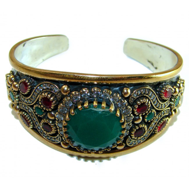 Victorian Style 22.5 carat Emerald & White Topaz .925 Sterling Silver Bracelet / Cuff