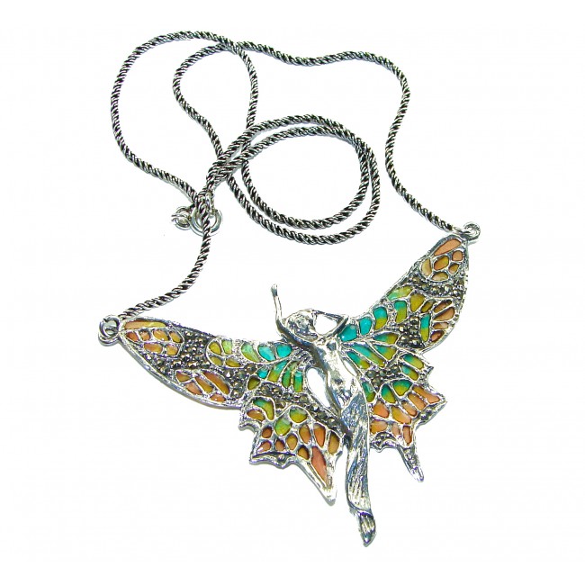 Awesome Flying Fairy Natural Enamel .925 Silver handcrafted Necklace