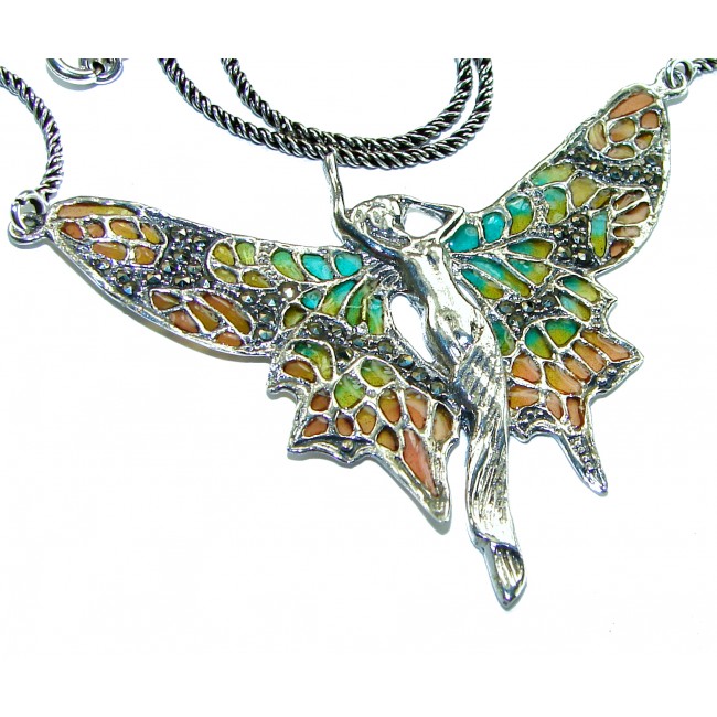 Awesome Flying Fairy Natural Enamel .925 Silver handcrafted Necklace
