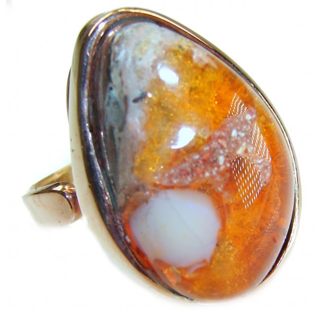 Queen of Fire best quality 29.4 carat Mexican Opal 18k Rose Gold over .925 Sterling Silver handmade ring 8 adjustable - Close-up of Mexican Opal ring in 18k rose gold setting.