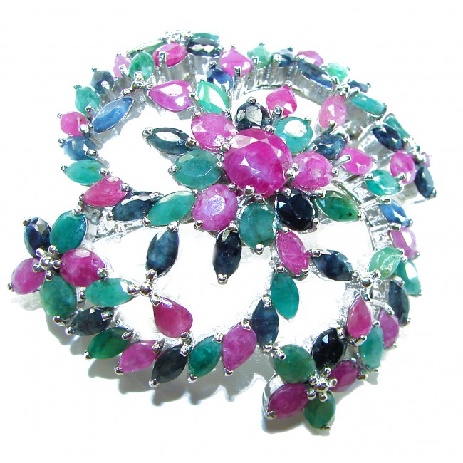 Heirloom Genuine 65.5 carat Kasmir Ruby Emerald Sapphire .925 Sterling Silver handmade Pendant - Brooch - Close-up of heirloom ruby, emerald, sapphire cluster brooch.
