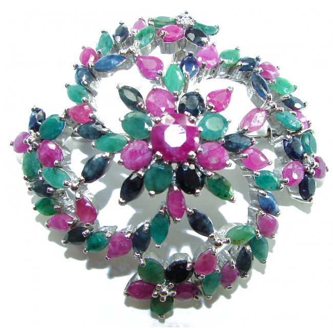 Heirloom Genuine 65.5 carat Kasmir Ruby Emerald Sapphire .925 Sterling Silver handmade Pendant - Brooch - Top view of Heirloom 65.5 ct Ruby, Emerald, Sapphire brooch.