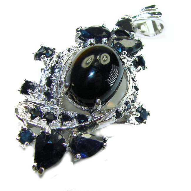 Mademoiselle - Vintage Design 18.4 CARAT Sapphire .925 Sterling Silver handcrafted Pendant - Side view of vintage sapphire and silver pendant with intricate details.