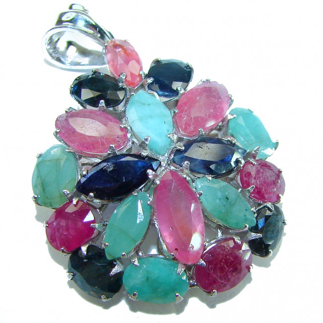 Nirvana 19.5 carat Ruby Emerald Sapphire .925 Sterling Silver pendant - Close-up of Nirvana multicolor gemstone pendant in sterling silver.