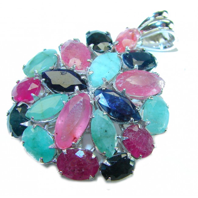 Nirvana 19.5 carat Ruby Emerald Sapphire .925 Sterling Silver pendant - Gemstone pendant close-up with rubies, emeralds, sapphires in sterling silver