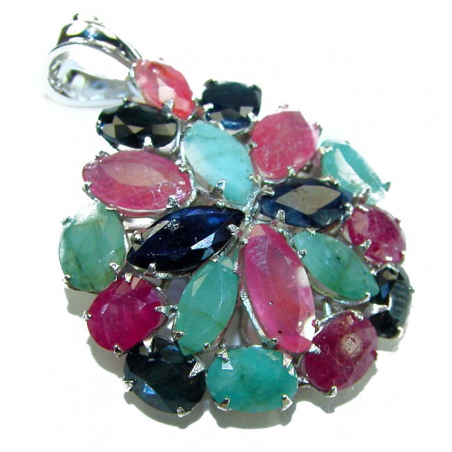 Nirvana 19.5 carat Ruby Emerald Sapphire .925 Sterling Silver pendant - Close-up of Nirvana 19.5 carat Ruby Emerald Sapphire pendant.