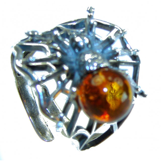 Golden Spider Authentic Baltic Amber .925 Sterling Silver handcrafted ring; s. 7 adjustable - Spider ring with amber stone, top view, .925 sterling silver.
