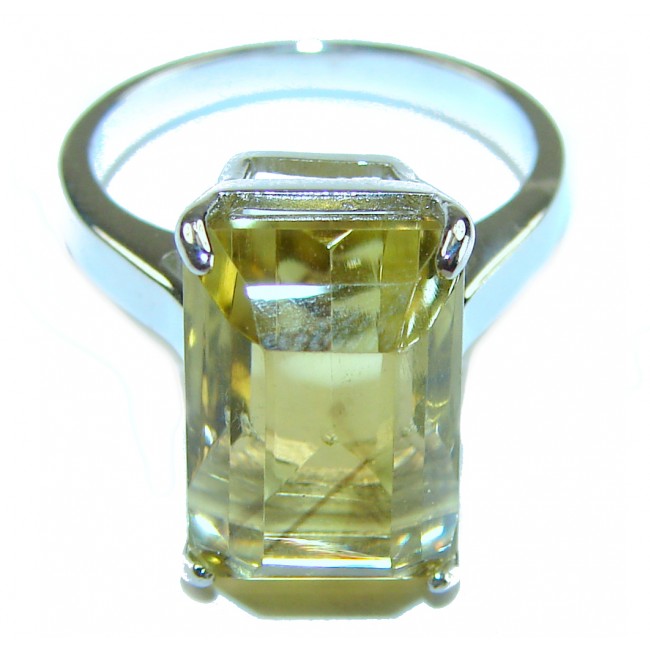 Solid 11.8 carat Genuine Lemon Quartz .925 Sterling Silver handcrafted ring size 8 - Close-up of lemon quartz ring in sterling silver, top view.
