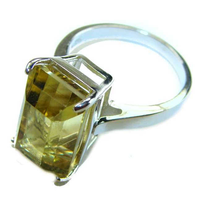 Solid 11.8 carat Genuine Lemon Quartz .925 Sterling Silver handcrafted ring size 8 - Side view of lemon quartz ring in sterling silver.