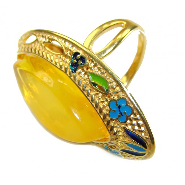 Tradition 12.2 carat Amber enamel 14K Gold over .925 Sterling Silver Handcrafted Large Ring size 6 adjustable