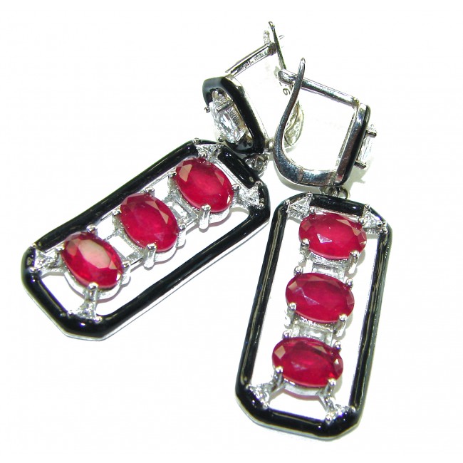 Art Deco 11.2 carat Ruby black enamel .925 Sterling Silver handcrafted earrings - Art Deco ruby earrings with black enamel, front view close-up.