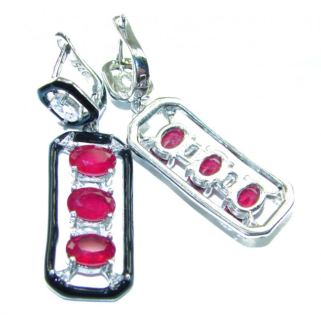 Art Deco 11.2 carat Ruby black enamel .925 Sterling Silver handcrafted earrings - Art Deco ruby earrings, front and back view, sterling silver detail.