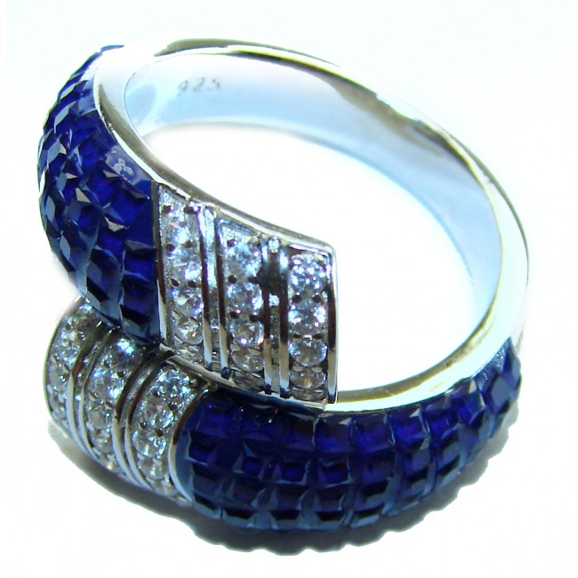 Art Deco 10.2 carat Sapphire .925 Sterling Silver handcrafted Ring size 8 - Art Deco Sapphire Sterling Silver ring, side close-up view.