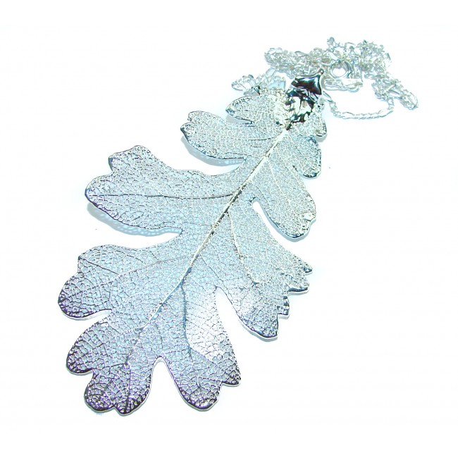 English Oak Leaf - Real Leaf dipped in real .925 Sterling Silver handmade handcrafted Necklace - Sterling silver oak leaf pendant with chain, front view.