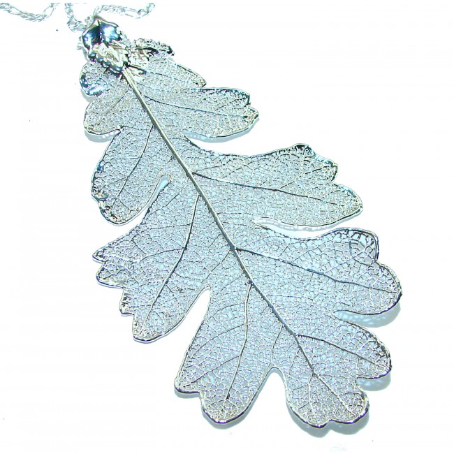 English Oak Leaf - Real Leaf dipped in real .925 Sterling Silver handmade handcrafted Necklace - Silver leaf pendant, top view, detailed veins visible.