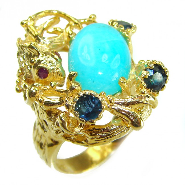 Blue Perfection 8.5 carat Chrysoprase 18K Gold over .925 Sterling Silver handmade Large ring size 7 1/2