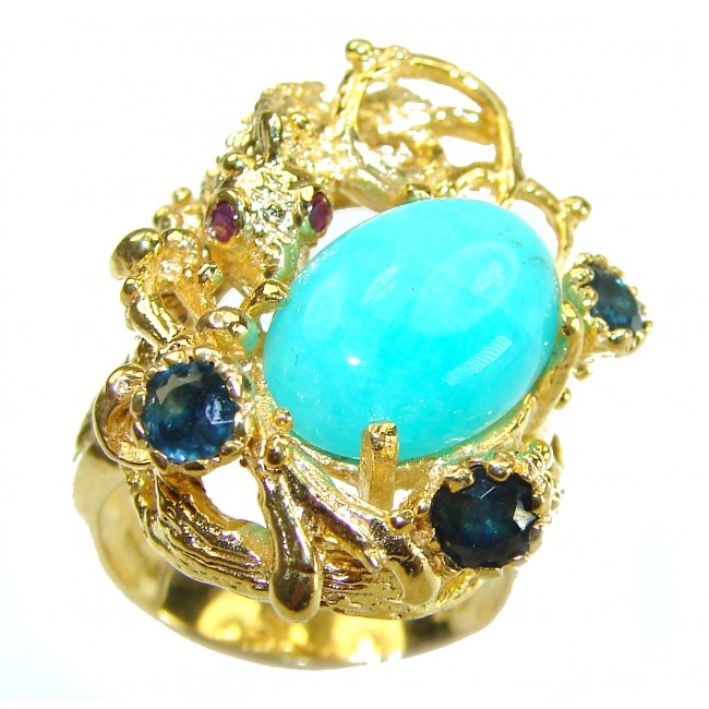 Blue Perfection 8.5 carat Chrysoprase 18K Gold over .925 Sterling Silver handmade Large ring size 7 1/2