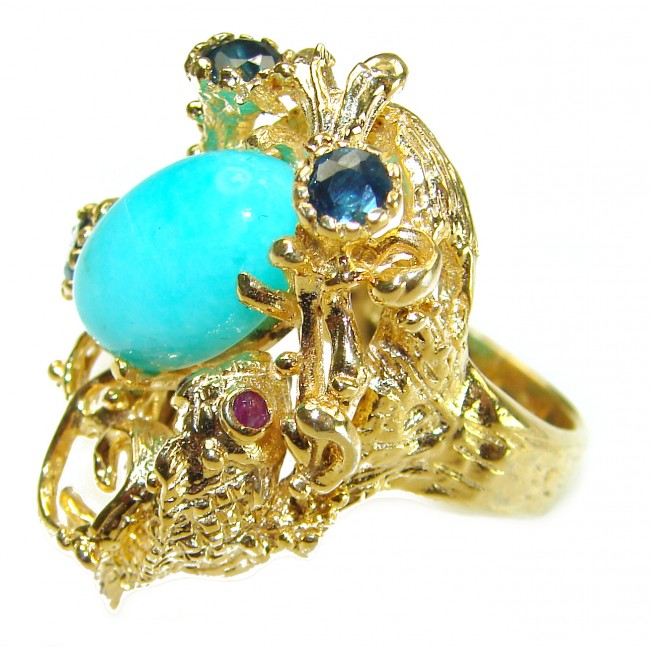 Blue Perfection 8.5 carat Chrysoprase 18K Gold over .925 Sterling Silver handmade Large ring size 7 1/2