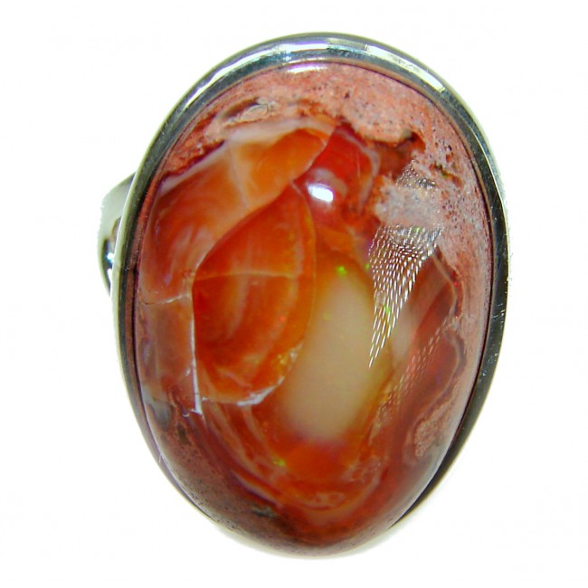 Inner Fire 28.5 carat Authentic Mexican Opal 14K Gold over .925 Sterling Silver handcrafted ring size 8 adjustable - Close-up of Inner Fire Mexican Opal ring, 28.5 carats, 14K gold.