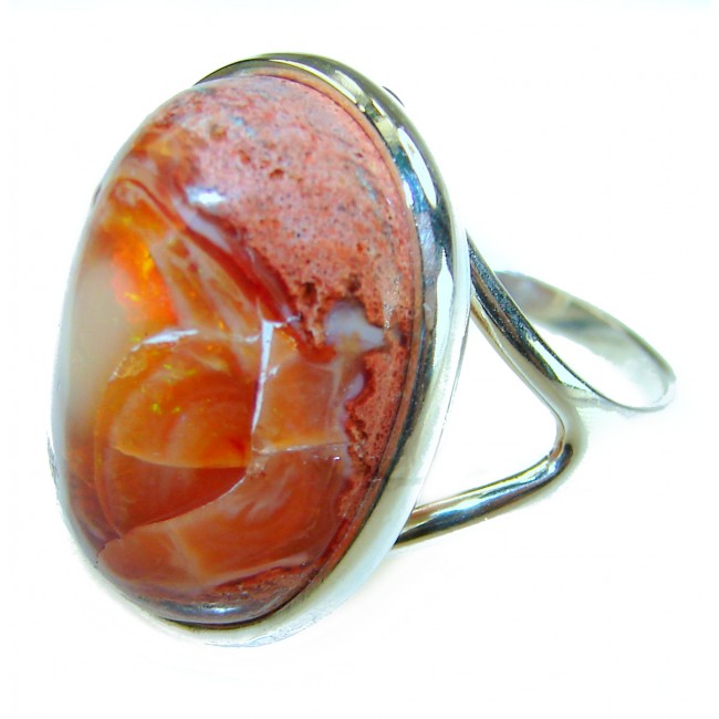 Inner Fire 28.5 carat Authentic Mexican Opal 14K Gold over .925 Sterling Silver handcrafted ring size 8 adjustable - Close-up of Mexican opal ring in 14K gold setting