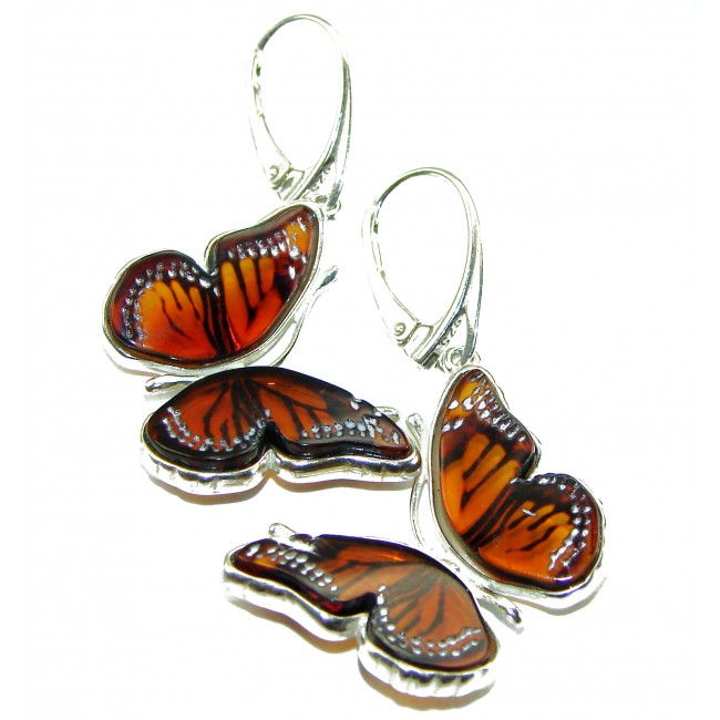 Butterflies carved Baltic Polish Amber .925 Sterling Silver earrings