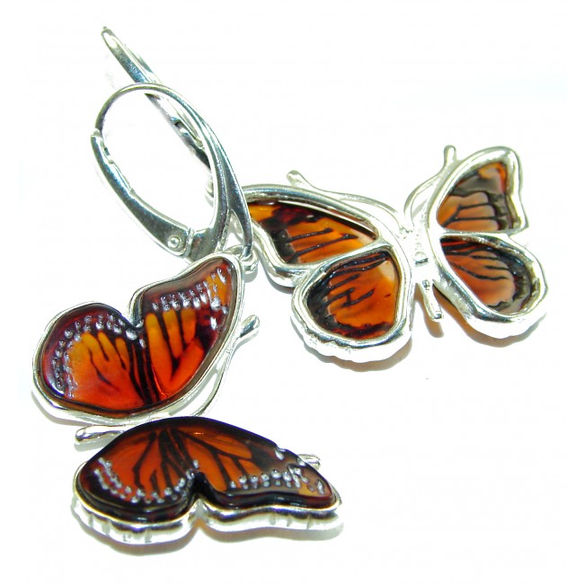Butterflies carved Baltic Polish Amber .925 Sterling Silver earrings