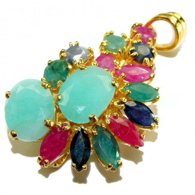 Luxurious 14.5 carat Emerald 18K Gold over .925 Sterling Silver handmade Statement Pendant - Close-up of colorful gemstone pendant in gold setting.