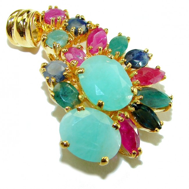 Luxurious 14.5 carat Emerald 18K Gold over .925 Sterling Silver handmade Statement Pendant - Close-up of colorful gemstone pendant with gold accents