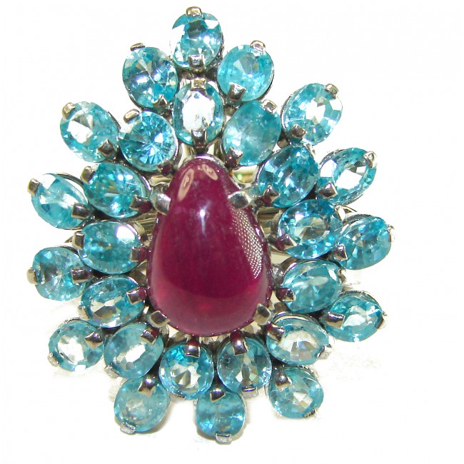 Incredible 29.5 carat Swiss Blue Topaz Ruby .925 Sterling Silver Oversized Ring size 7 3/4 - Front view of a Swiss Blue Topaz and Ruby ring in sterling silver.