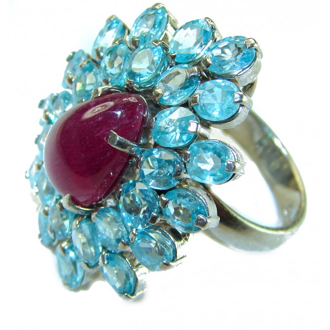 Incredible 29.5 carat Swiss Blue Topaz Ruby .925 Sterling Silver Oversized Ring size 7 3/4 - Close-up of Swiss Blue Topaz and Ruby Sterling Silver ring.