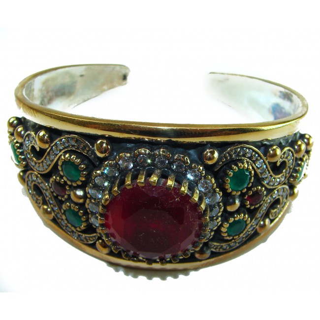 Victorian Style 32.5 carat Ruby & Emerald White Topaz 2 tones .925 Sterling Silver Bracelet / Cuff