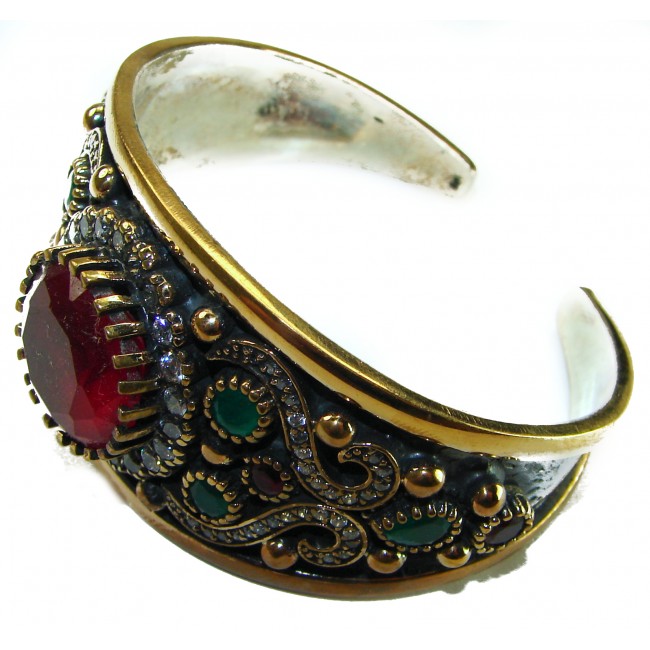 Victorian Style 32.5 carat Ruby & Emerald White Topaz 2 tones .925 Sterling Silver Bracelet / Cuff