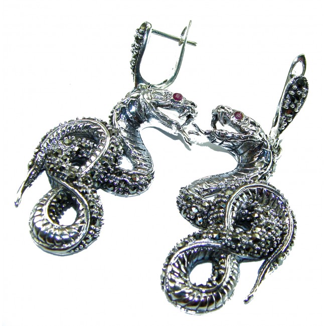Cobra Snakes Ruby Marcasite .925 Sterling Silver handcrafted Earrings