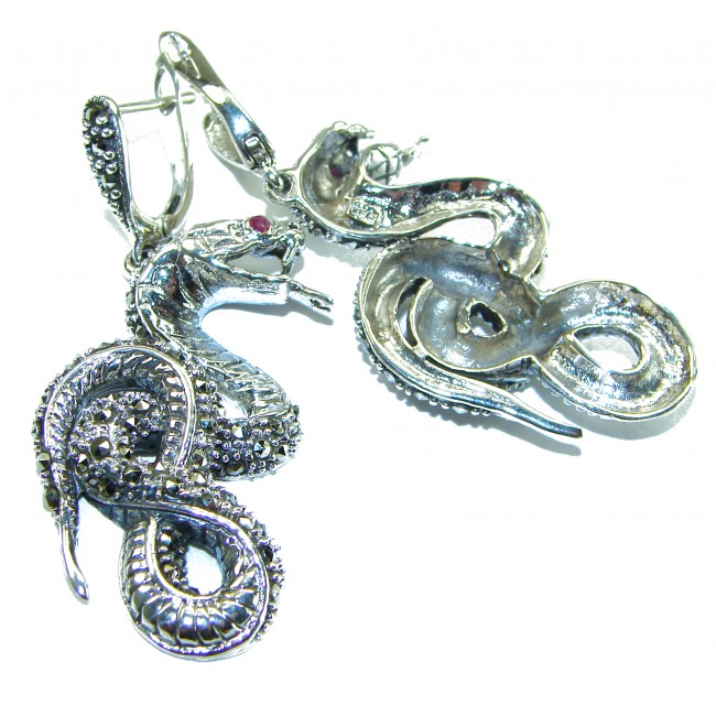 Cobra Snakes Ruby Marcasite .925 Sterling Silver handcrafted Earrings