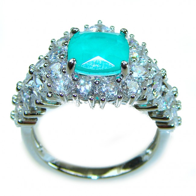 Authentic 6.2 carat Colombian Emerald .925 Sterling Silver handcrafted Ring size 7 1/4 - Close-up of Colombian emerald ring with diamonds in sterling silver.