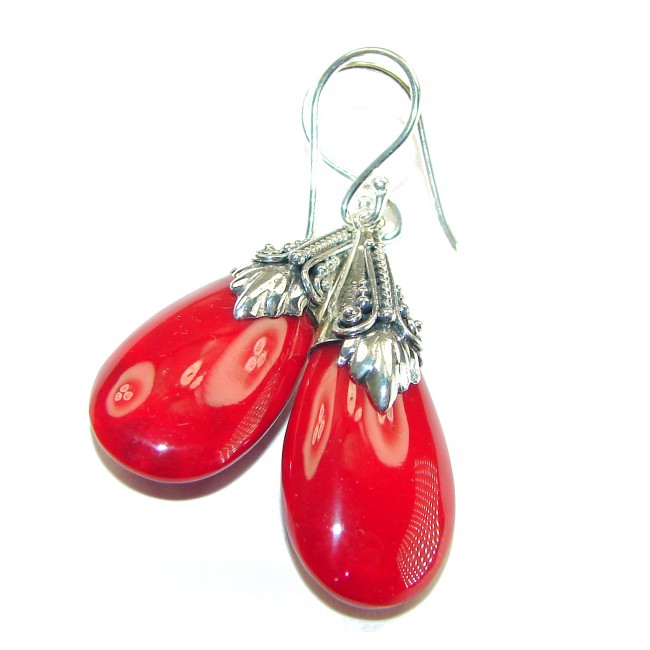 Large Genuine Red Fossilized Coral .925 Sterling Silver handmade earrings