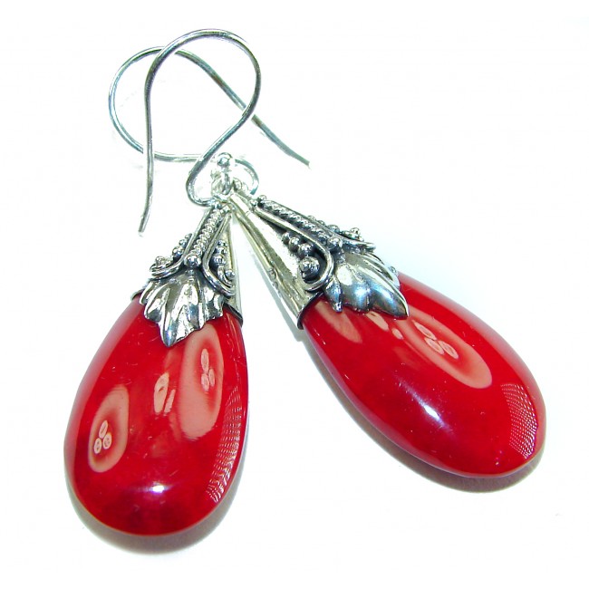 Large Genuine Red Fossilized Coral .925 Sterling Silver handmade earrings