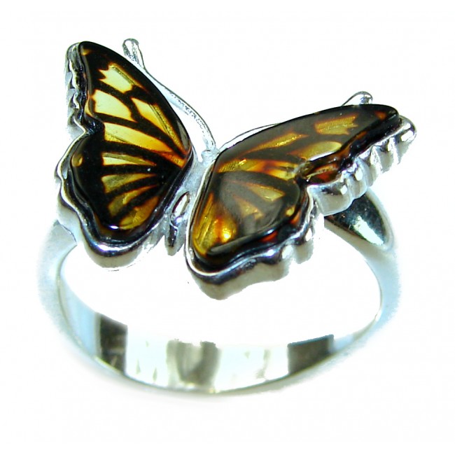 Butterfly Authentic Baltic Amber .925 Sterling Silver handcrafted ring; s. 7 adjustable - Butterfly Baltic amber ring in sterling silver, side view close-up.