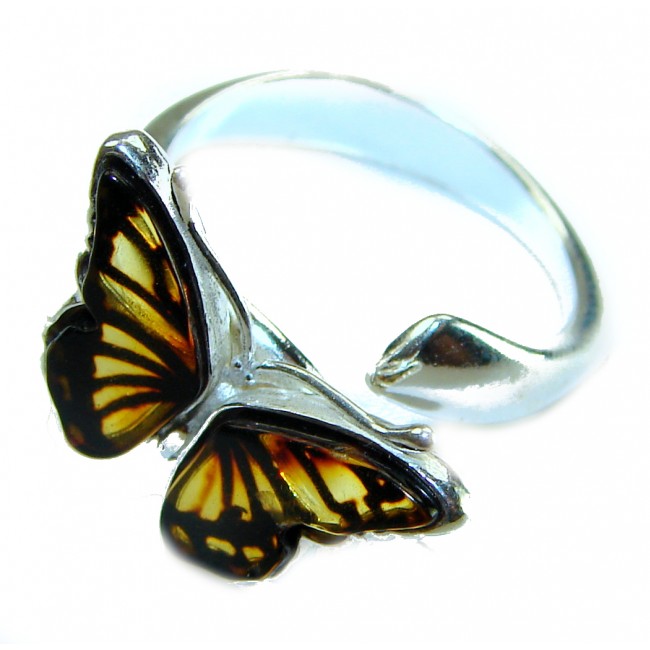 Butterfly Authentic Baltic Amber .925 Sterling Silver handcrafted ring; s. 7 adjustable - Butterfly ring in amber and silver, side view.