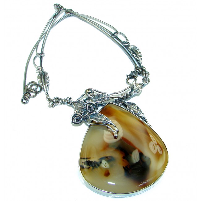 Oversized 85.3 grams Master Piece genuine Botswana Agate .925 Sterling Silver handcrafted necklace