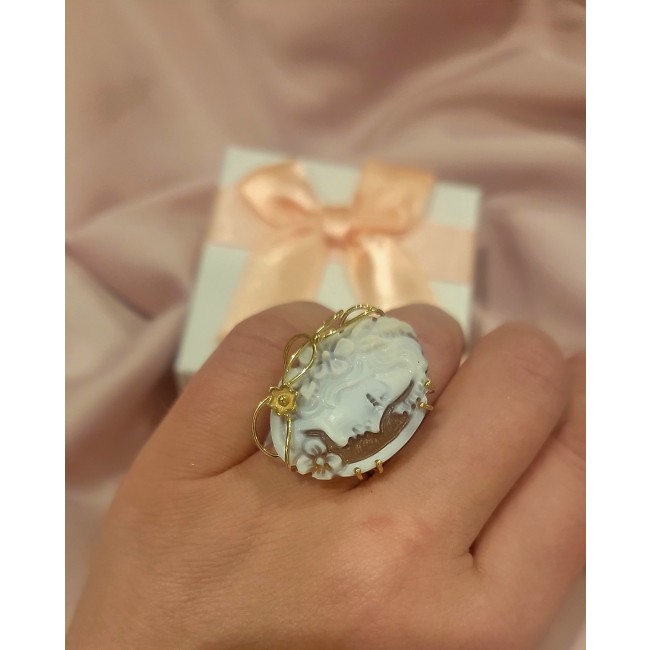 Exquisite oval Cameo 18K Gold over .925 Sterling Silver handcrafted Made in Italy Statement ring; s. 7 ADJUSTABLE