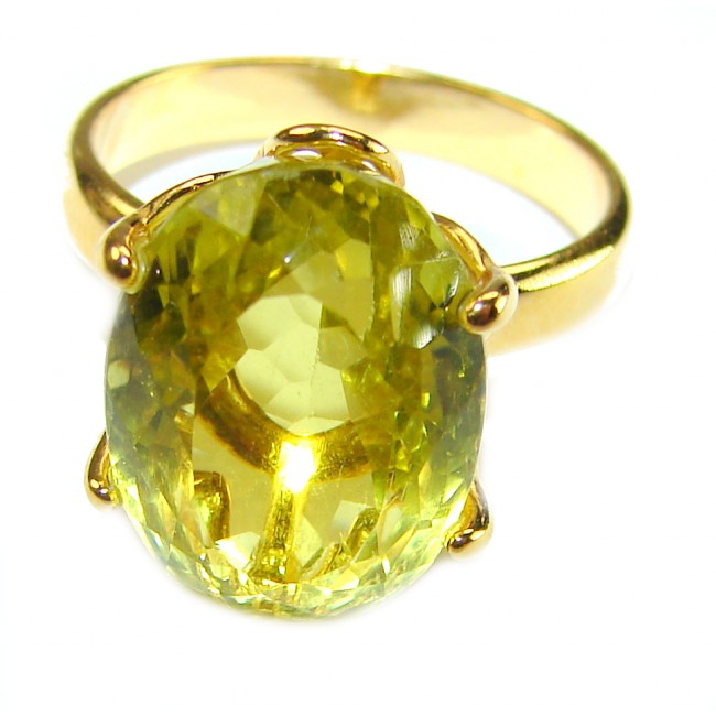 7.8 carat Genuine Lemon Quartz 14K Gold over .925 Sterling Silver handcrafted ring size 7 1/2 - Close-up of 7.8 carat lemon quartz ring in 14K gold over sterling silver