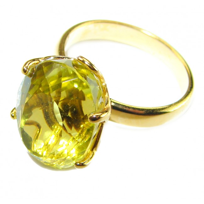 7.8 carat Genuine Lemon Quartz 14K Gold over .925 Sterling Silver handcrafted ring size 7 1/2 - Lemon quartz gold ring with large stone, top view close-up.