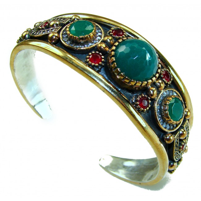 Victorian Style 22.5 carat Emerald Ruby & White Topaz .925 Sterling Silver Bracelet / Cuff