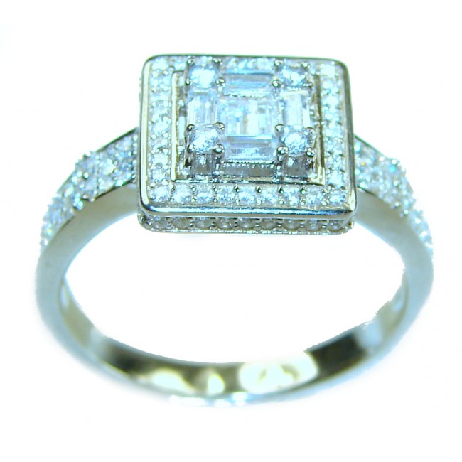 6.8 carat White Topaz .925 Sterling Silver brilliantly handcrafted stack ring s. 9 - Square white topaz ring on sterling silver, top-down view.