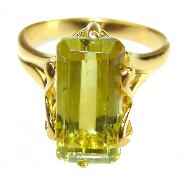 7.8 carat Genuine Lemon Quartz 14K Gold over .925 Sterling Silver handcrafted ring size 9 - Close-up of lemon quartz ring in gold and sterling silver setting