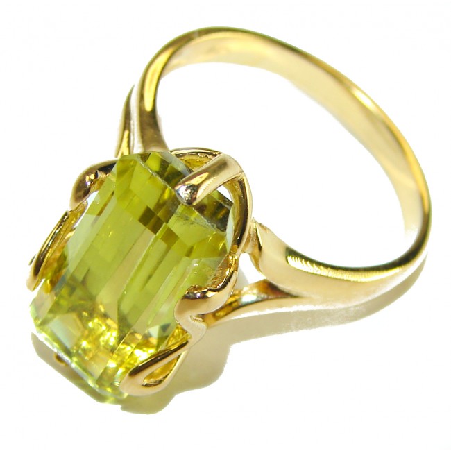 7.8 carat Genuine Lemon Quartz 14K Gold over .925 Sterling Silver handcrafted ring size 9 - Lemon quartz ring in 14K gold over sterling, side view close-up.