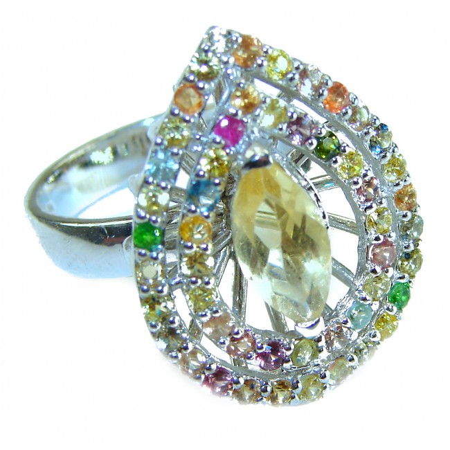 Authentic 17.5 carat Yellow Sapphire .925 Sterling Silver brilliantly handcrafted Statement ring s. 7 - Close-up of yellow sapphire ring with colorful stones in sterling silver