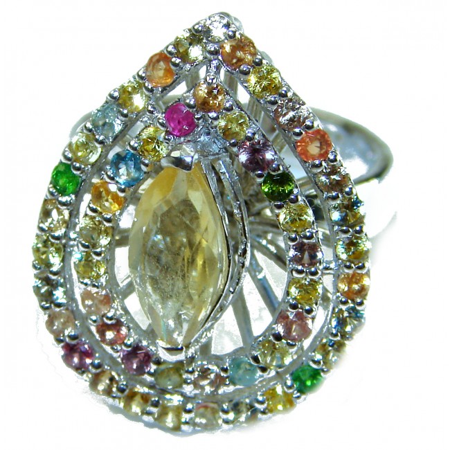 Authentic 17.5 carat Yellow Sapphire .925 Sterling Silver brilliantly handcrafted Statement ring s. 7 - Close-up of jeweled ring with yellow sapphire and multicolored stones